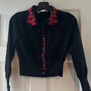 Lisa Says Gah Battenberg tomato black cardigan XS S